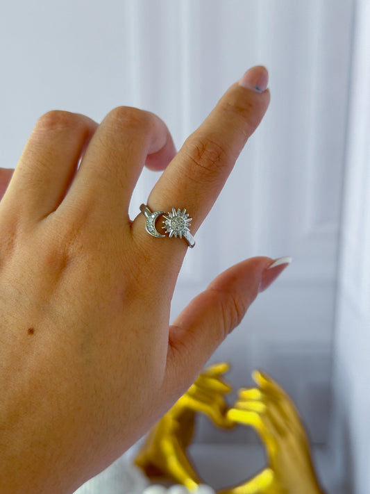 Silver sun and moon ring